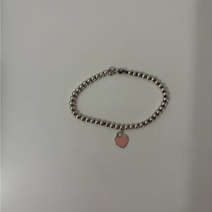 Tiffany & Co Silver Beaded Bracelet with Pink Heart Charm